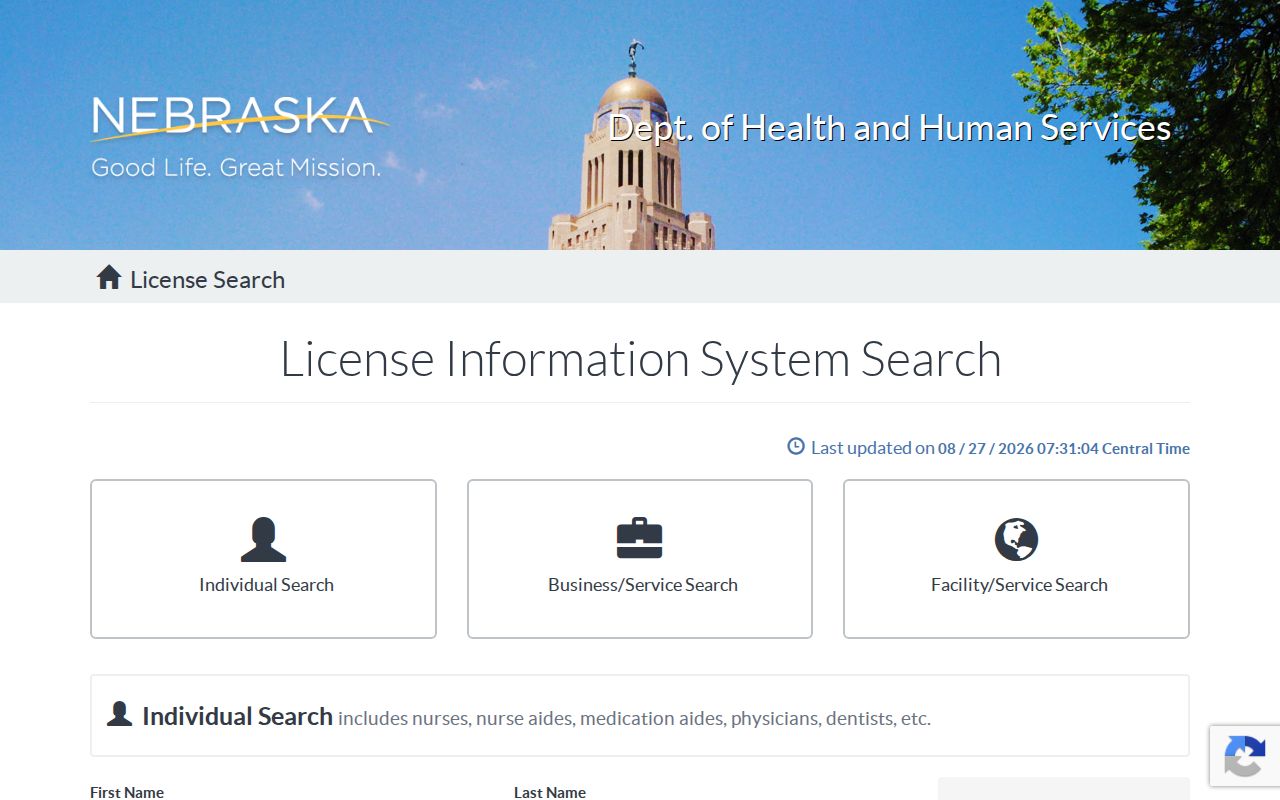 Grand Island resident lookup Nebraska HHS License Search page with individual and service search choices