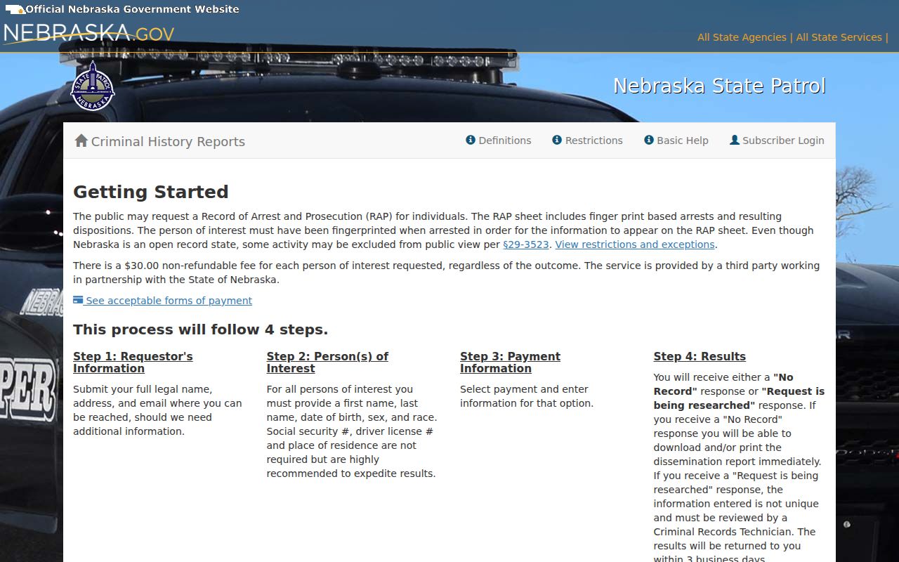 Grand Island resident lookup Nebraska State Patrol limited criminal history request page