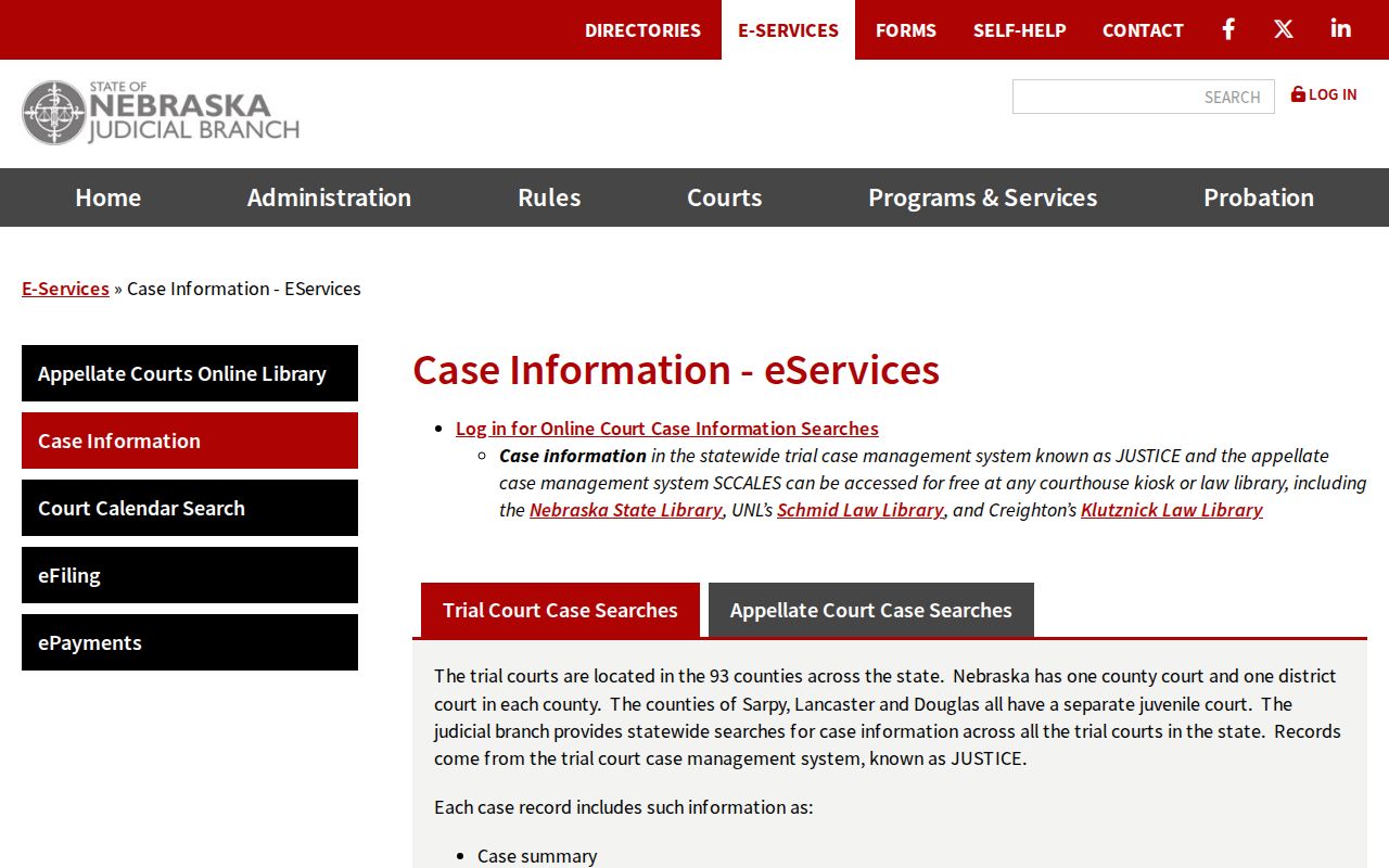 Grand Island resident lookup Nebraska Judicial Branch eServices case information access page